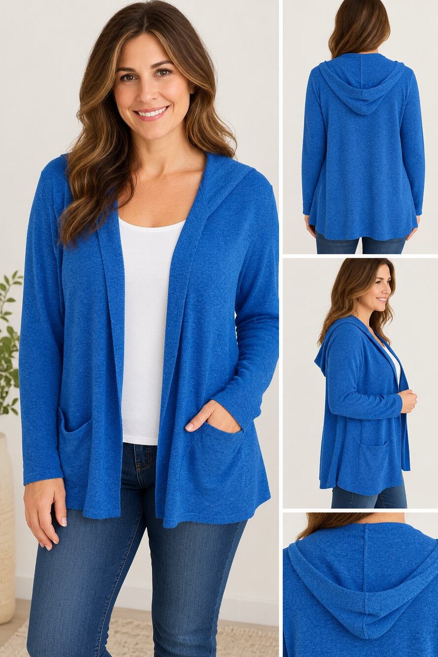 Cyrus XL Blue Hooded Open Front Cardigan Duster Stretch Knit Pockets